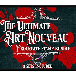 Procreate 90 Plus Art Nouveau BUNDLE Motivi ornamentali, fiori, bordo decorativo, cornice e timbri di contorno cornice