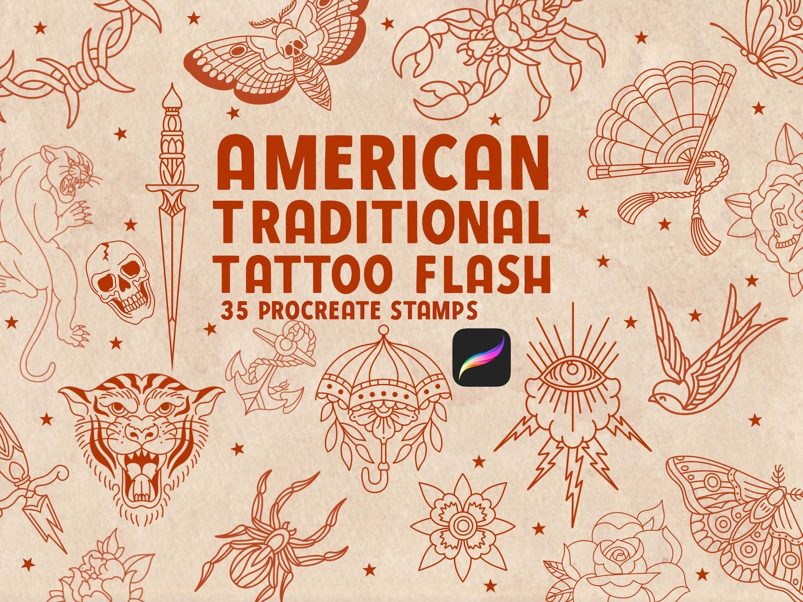 American Traditional Tattoo Flash Procreate Stamps: Old School Designs ...