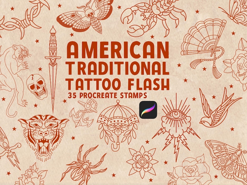 American Old School Traditional Tattoo Flash Procreate Stamps, includes moths, butterflies, daggers, roses, anchors, and many other classic traditional tattoo designs. For tattoo artists, illustrators, and graphic designers - or anyone who loves tattoo art. Hand drawn.