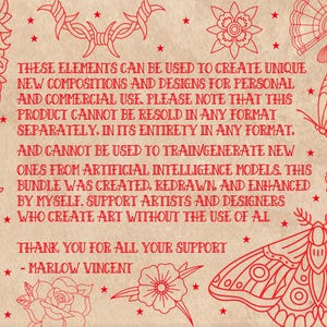 May include: Red line art elements on a beige background, including a dagger, flowers, a butterfly, and text. The text states the elements can be used for personal and commercial use, but not resold or used to train AI models.