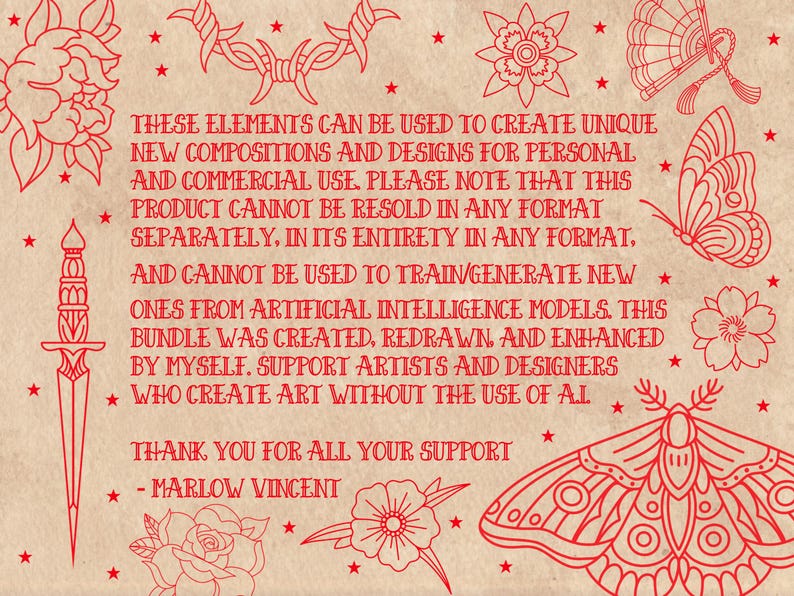 May include: Red line art elements on a beige background, including a dagger, flowers, a butterfly, and text. The text states the elements can be used for personal and commercial use, but not resold or used to train AI models.