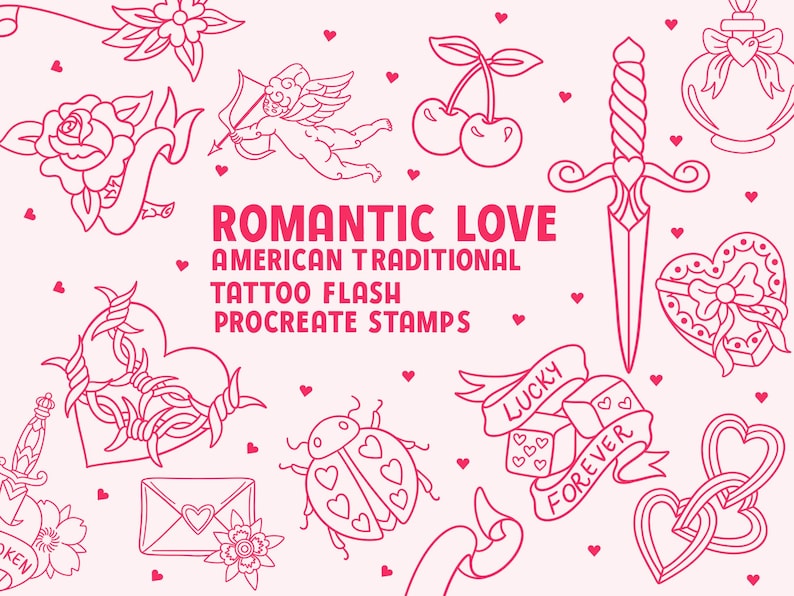 Romantic Love American Traditional Tattoo Flash Procreate Stamps: Old ...