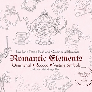 Romantic Fine Line Tattoo Elements | Rococo, Vintage Symbols (SVG, PNG)