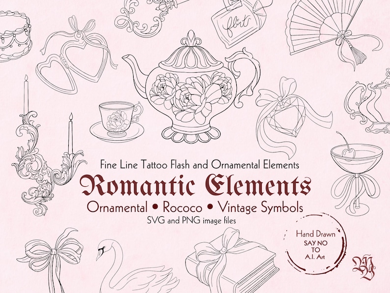 Svg Rococco Romantic Fine Line Tattoo Elements | Rococo, Vintage Symbols (SVG, PNG ...