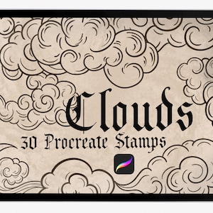 May include: A digital illustration of 30 Procreate stamps featuring hand-drawn clouds in a vintage style. The image shows a tablet screen displaying the stamps, with the text "Clouds" and "30 Procreate Stamps" in a bold, black font.