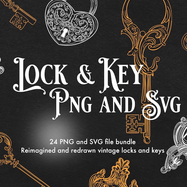 Vintage Lock and Key Ornamental PNG and SVG Design Bundle, Digital Download