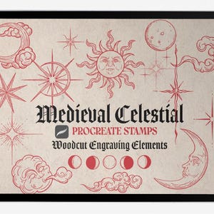 Set de 30 tampons Célestes médiévaux | Pinceaux fantaisie lunes, étoiles, soleils et nuages pour procréer | Gravure sur bois