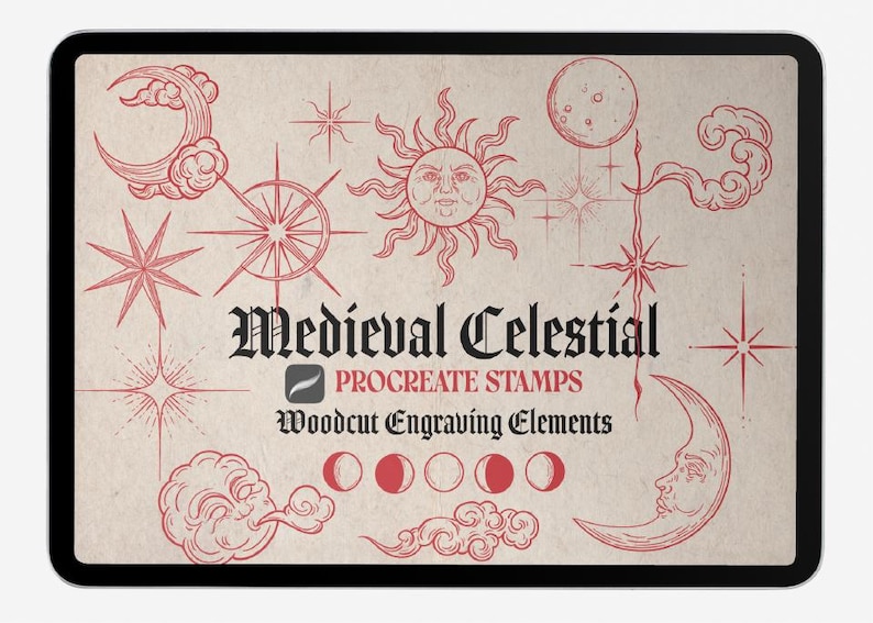 K&ouml;nnte beinhalten: Digitale Illustration mittelalterlicher Himmelselemente, darunter Monde, Sonnen, Sterne und Wolken, in Rot auf Pergamenthintergrund. Der Text lautet "Medieval Celestial Procreate Stamps Woodcut Engraving Elements."