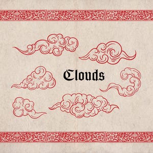 K&ouml;nnte beinhalten: Illustration mit sechs roten Wolkenmustern mit Wirbelmustern auf beigem Hintergrund. Das Wort "Clouds" ist in einer gotischen Schrift geschrieben. Das Bild wird von einem roten Blumenrand umrahmt.