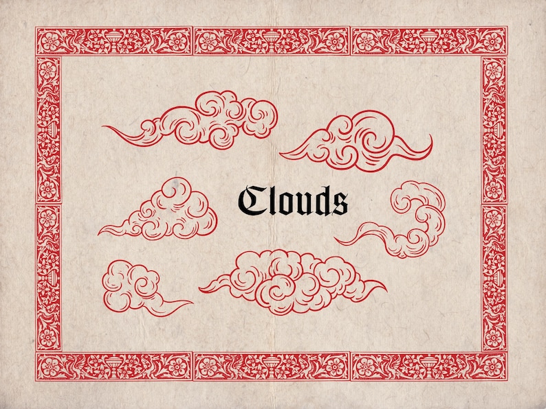 K&ouml;nnte beinhalten: Illustration mit sechs roten Wolkenmustern mit Wirbelmustern auf beigem Hintergrund. Das Wort "Clouds" ist in einer gotischen Schrift geschrieben. Das Bild wird von einem roten Blumenrand umrahmt.