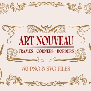 アールヌーボー様式の装飾フレーム、コーナー、ボーダー（SVG & PNG形式）50点｜イラスト、結婚式、招待状デザイン、デジタルダウンロード
