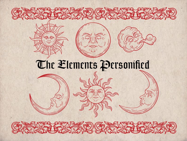 K&ouml;nnte beinhalten: Illustration mit Himmels- und Wetterelementen: Sonne, Mond, Wolke und Mondsicheln, alle mit menschlichen Gesichtern. Der Text "The Elements Personified" ist zentriert. Das Design ist rot auf beigem Hintergrund, mit dekorativen Bord&uuml;ren.