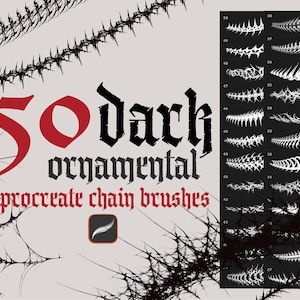 May include: 50 Dark Ornamental Procreate Chain Brushes. A set of 50 black and white brush designs for Procreate, featuring intricate chain-like patterns with sharp, pointy edges.