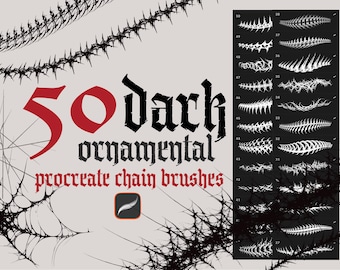 May include: 50 Dark Ornamental Procreate Chain Brushes. A set of 50 black and white brush designs for Procreate, featuring intricate chain-like patterns with sharp, pointy edges.
