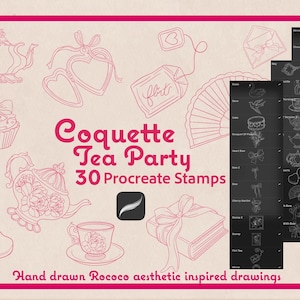 30 carimbos Procreate, Chá da tarde Coquette, Ilustrações fofas inspiradas no Rococó, Clip Art, Elementos de design gráfico, Tatuagens pequenas e delicadas