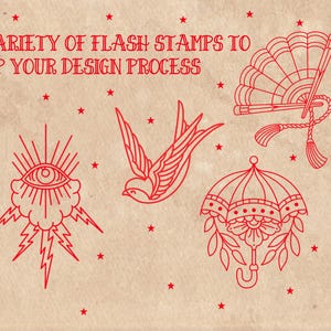 American Old School Traditional Tattoo Flash Procreate Stamps, includes moths, butterflies, daggers, roses, anchors, and many other classic traditional tattoo designs. For tattoo artists, illustrators, and graphic designers - or anyone who loves tattoo art. Hand drawn.