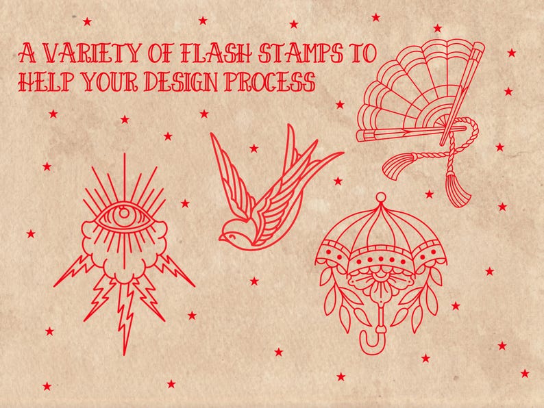 American Old School Traditional Tattoo Flash Procreate Stamps, includes moths, butterflies, daggers, roses, anchors, and many other classic traditional tattoo designs. For tattoo artists, illustrators, and graphic designers - or anyone who loves tattoo art. Hand drawn.