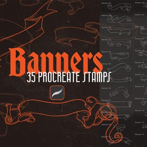 35 tampons de bannière Procreate Medieval Fantasy, illustrations de style vintage, cartographie, Renaissance, dessinés à la main, téléchargement numérique