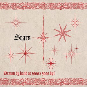 K&ouml;nnte beinhalten: Eine Illustration im Vintage-Stil mit verschiedenen roten Sternmotiven auf cremefarbenem Hintergrund. Das Wort "Stars" ist in einer gotischen Schrift geschrieben. Das Bild ist mit einem dekorativen roten Rand versehen und enth&auml;lt den Text "Drawn by hand at 3000 x 3000 dpi."
