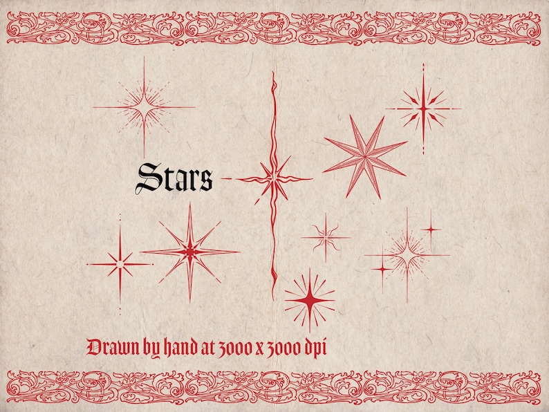 K&ouml;nnte beinhalten: Eine Illustration im Vintage-Stil mit verschiedenen roten Sternmotiven auf cremefarbenem Hintergrund. Das Wort "Stars" ist in einer gotischen Schrift geschrieben. Das Bild ist mit einem dekorativen roten Rand versehen und enth&auml;lt den Text "Drawn by hand at 3000 x 3000 dpi."
