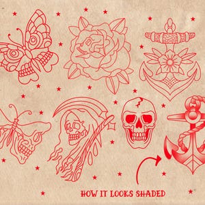 American Old School Traditional Tattoo Flash Procreate Stamps, includes moths, butterflies, daggers, roses, anchors, and many other classic traditional tattoo designs. For tattoo artists, illustrators, and graphic designers - or anyone who loves tattoo art. Hand drawn.