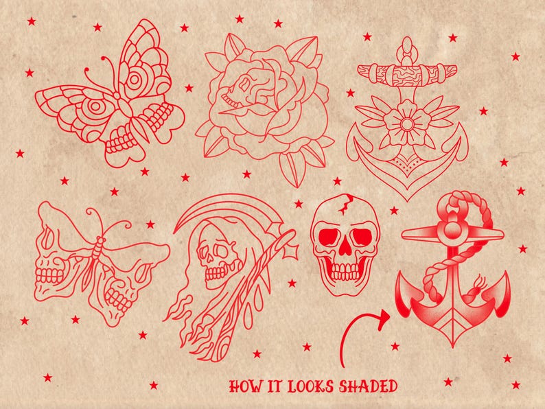 American Old School Traditional Tattoo Flash Procreate Stamps, includes moths, butterflies, daggers, roses, anchors, and many other classic traditional tattoo designs. For tattoo artists, illustrators, and graphic designers - or anyone who loves tattoo art. Hand drawn.