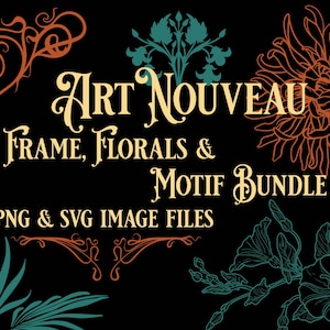 90 種類以上のアール ヌーボー PNG および SVG 画像、フレーム、ボーダー、花のイラスト、モチーフが含まれ、デジタル ダウンロード