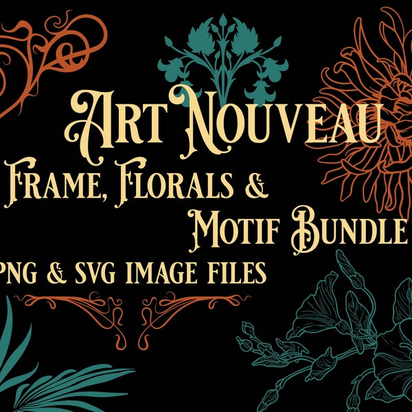 90 Plus Art Nouveau PNG and SVG Images, Frames, Borders, Floral Illustrations, and Motifs Included, Digital Download