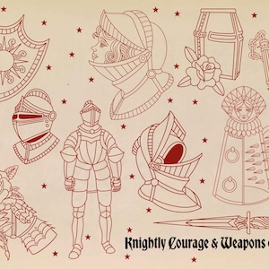 May include: Illustration of various knightly elements in red on a cream background. Includes a shield, helmets, armor, a mace, a dagger, and roses. The text "Knightly Courage & Weapons of War" is at the bottom.