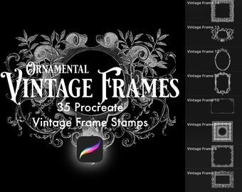 Procreate 35 Vintage Frame Ornamental Stamp Brush Set, Digital Download