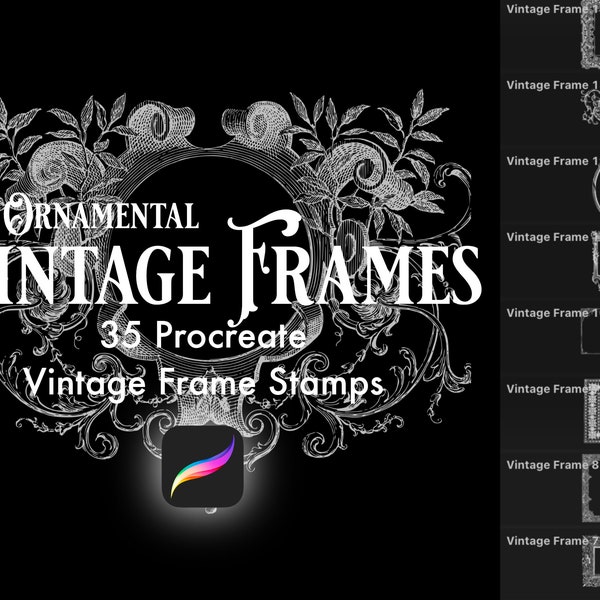 Procreate 35 Vintage Frame Ornamental Stamp Brush Set, Digital Download