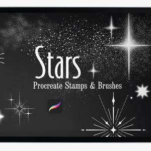 Op de afbeelding: Een zwart-witte afbeelding van een tabletscherm waarop een digitaal kunstproduct voor Procreate wordt weergegeven. De tekst "Stars" wordt weergegeven in een groot lettertype met de tekst "Procreate Stamps & Brushes" eronder. De afbeelding toont verschillende stervormen en -ontwerpen.