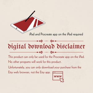 K&ouml;nnte beinhalten: Eine Illustration mit Text zu einem digitalen Download. Das Bild zeigt ein iPad mit Stift und der Text lautet "iPad und Procreate App auf dem iPad erforderlich" und "Digitaler Download-Haftungsausschluss". Der Haftungsausschluss besagt, dass das Produkt nur f&uuml;r die Procreate-App auf dem iPad bestimmt ist.