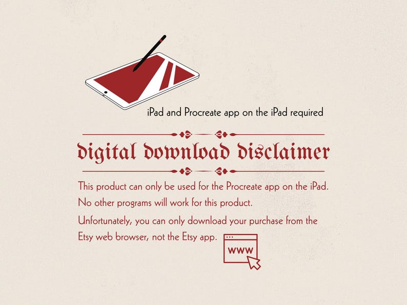 K&ouml;nnte beinhalten: Eine Illustration mit Text zu einem digitalen Download. Das Bild zeigt ein iPad mit Stift und der Text lautet "iPad und Procreate App auf dem iPad erforderlich" und "Digitaler Download-Haftungsausschluss". Der Haftungsausschluss besagt, dass das Produkt nur f&uuml;r die Procreate-App auf dem iPad bestimmt ist.