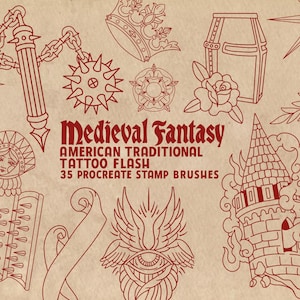 Medieval Fantasy, American Traditional Tattoo Flash Procreate Stamps, Includes Color Palette