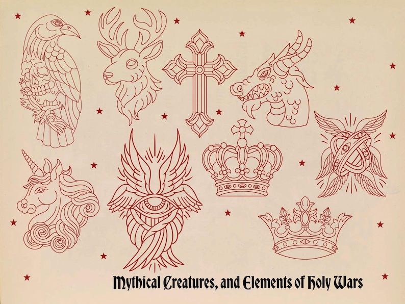 May include: Red line art illustrations of mythical creatures and religious symbols, including a raven with a skull, a stag, a cross, a dragon head, a unicorn, an eye with wings, two crowns, and a winged ring. The text reads "Mythical Creatures, and Elements of Holy Wars."