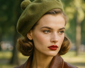Boina de lana verde caqui con pompón - Sombrero parisino retro para mujer