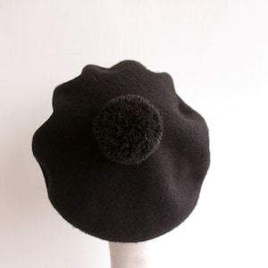 Black Wool Beret Hat with Lambswool Pom Pom