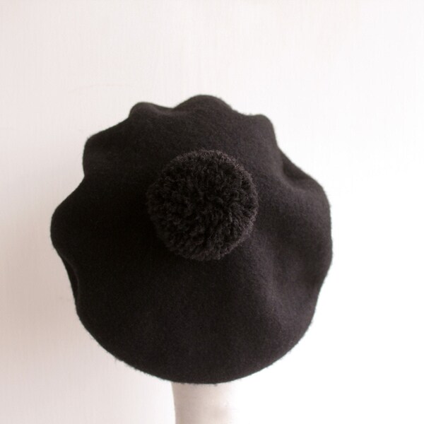 Timeless Black Wool Beret Hat w/ Unique Designer Pom Pom