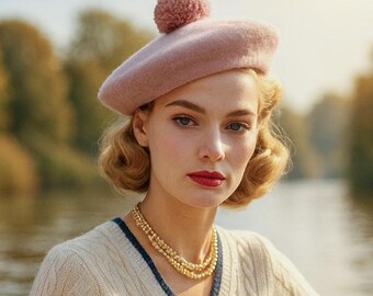 Pale Pink Wool Beret Hat with Pom Pom -  Timeless Headwear