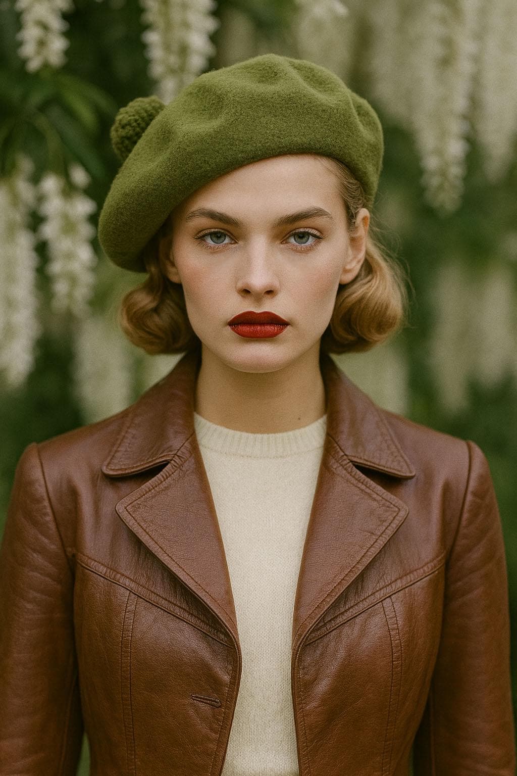 Sage Green Beret Hat with Merino Wool Pom Pom