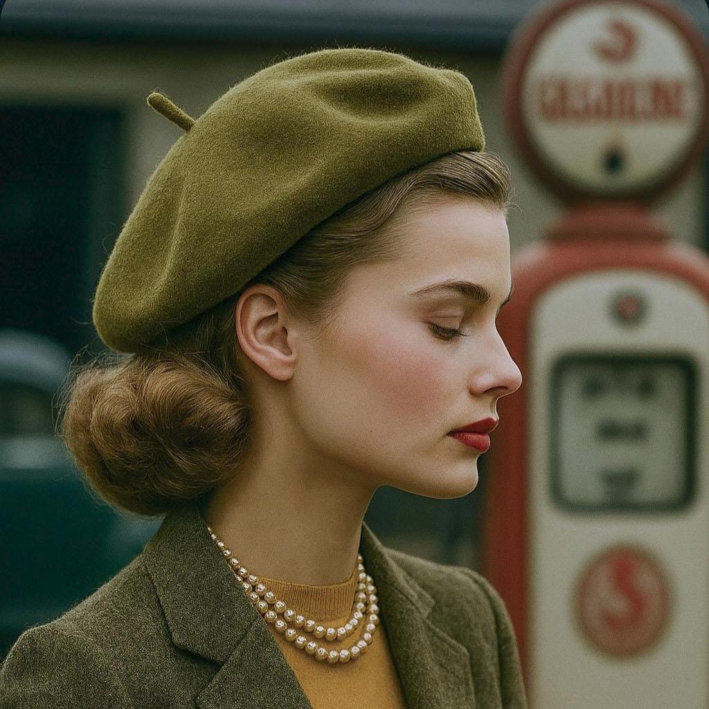 Khaki Green Wool Beret With Cabillou - Parisian Retro Style  display picture 3