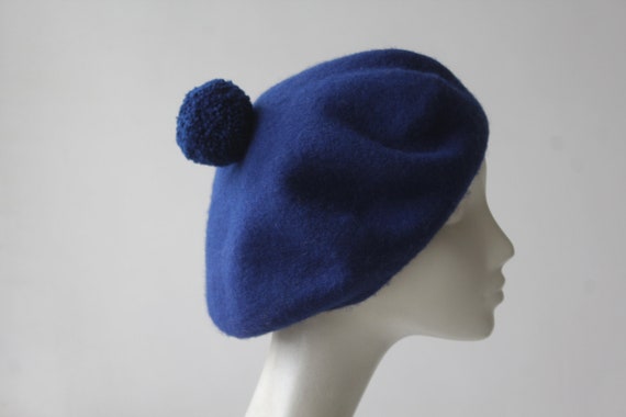 Royal Blue Wool Beret - Classic French Style Hat With Pom  display picture 3