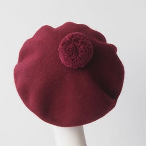 Burgundy Wool Beret Hat with Wool Pom Pom - Spring Accessory - Classic Unisex Hat Gift