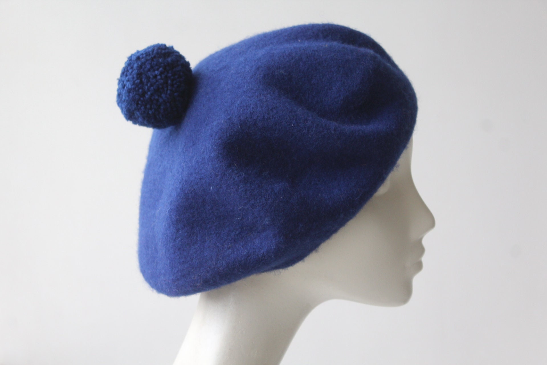 Royal Blue Wool Beret - Classic French Style Hat With Pom  display picture 2