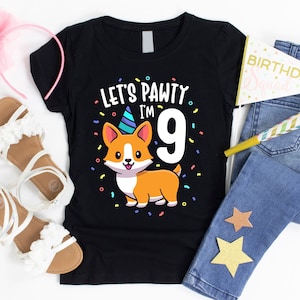 Let's Pawty I'm 9 T-Shirt / Corgi Birthday / 9th Birthday Party / 9th Birthday Gifts / Puppy Party / Corgi Shirt For Kids / It's My
