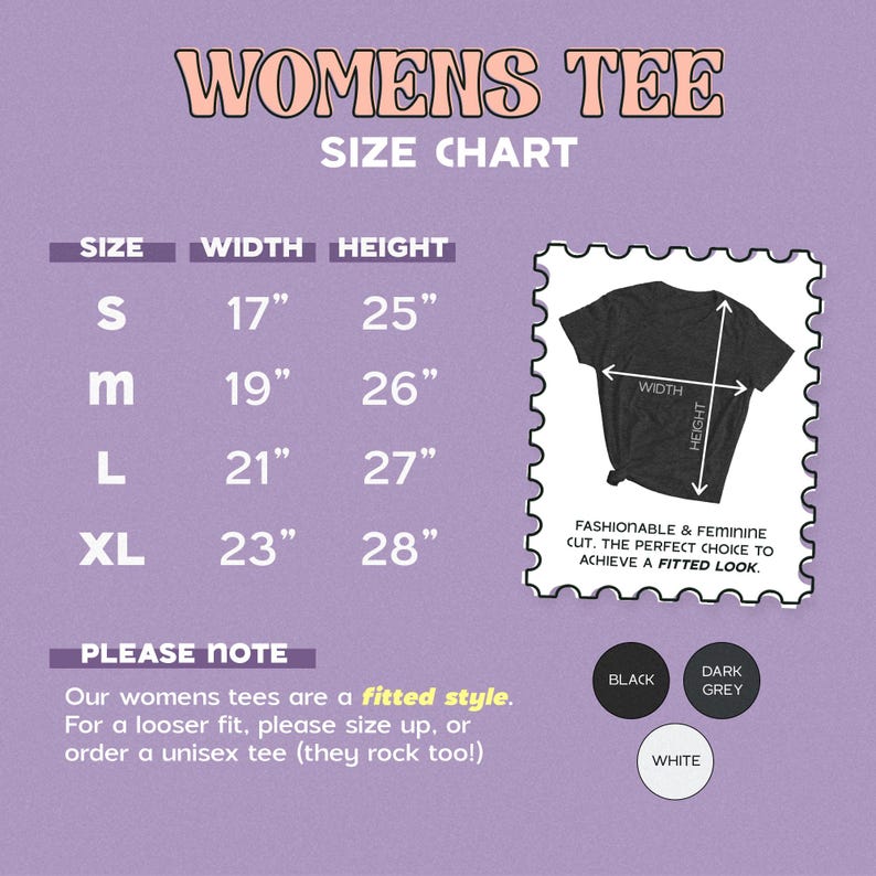 The image is a size chart for women's tees, providing measurements for different sizes such as S, M, L, and XL.