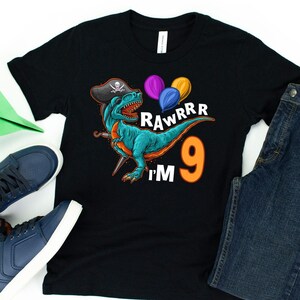Rawr I&#39;m 9 T-Rex Pirate Birthday T-Shirt / 9th Birthday Gifts / 9th Birthday Party / Pirate Party / Dinosaur T Rex / Boys Birthday Top