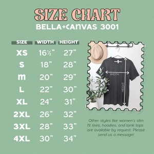 The image is a size chart for a clothing item called "Bella+Canvas 3001". It provides measurements for different sizes, including XS, S, M, L, XL, and 4XL, along with corresponding widths and heights. The chart also includes a picture of the clothing item and instructions for ordering sizes by request.