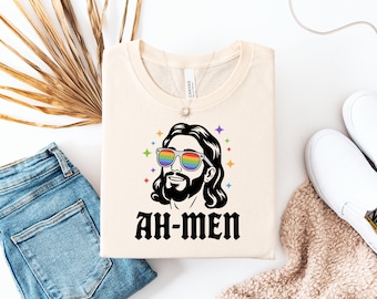 Ah Men Gay Pride Shirt / Retro Pride Shirt / Gay Jesus Shirt / Funny Pride Shirt / Sarcastic Jesus Tee / Human Rights Shirt / LGBTQ+ Ally
